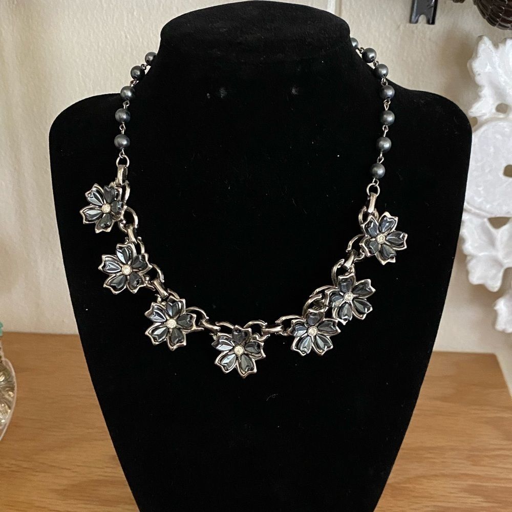 Vintage Ebony Floral & Pearl Necklace